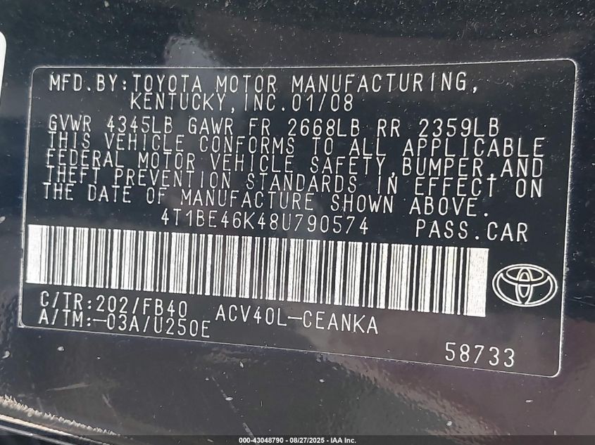 2008 Toyota Camry Le VIN: 4T1BE46K48U790574 Lot: 43048790