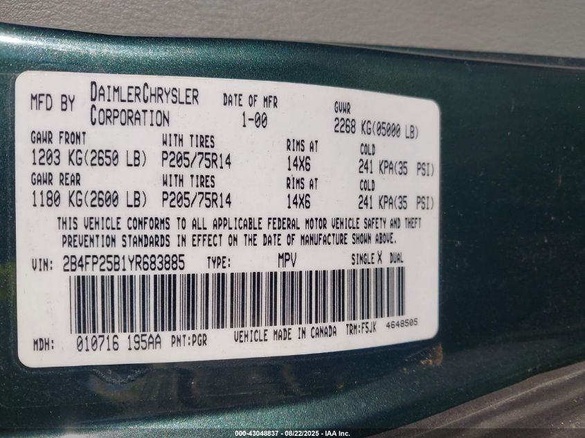 2000 Dodge Caravan VIN: 2B4FP25B1YR683885 Lot: 43048837