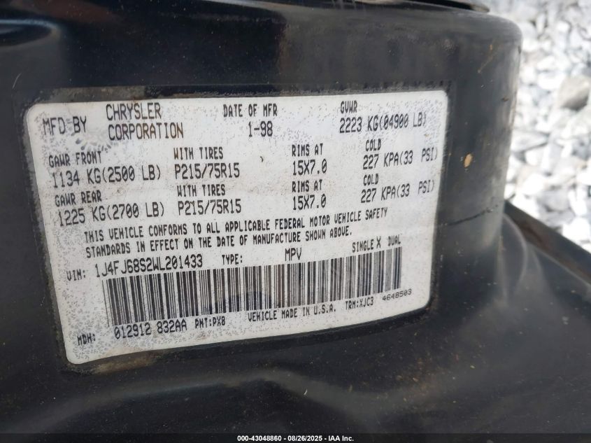 1998 Jeep Cherokee Classic/Sport VIN: 1J4FJ68S2WL201433 Lot: 43048860