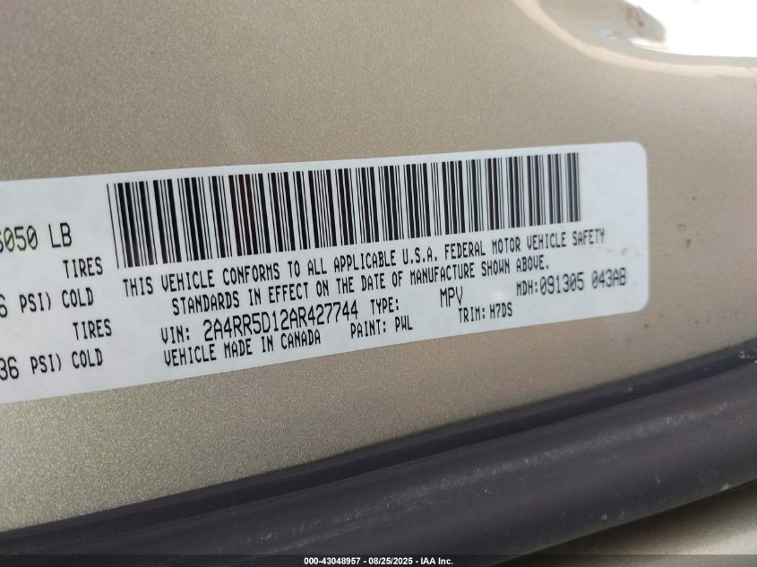 2010 Chrysler Town & Country Touring VIN: 2A4RR5D12AR427744 Lot: 43048957