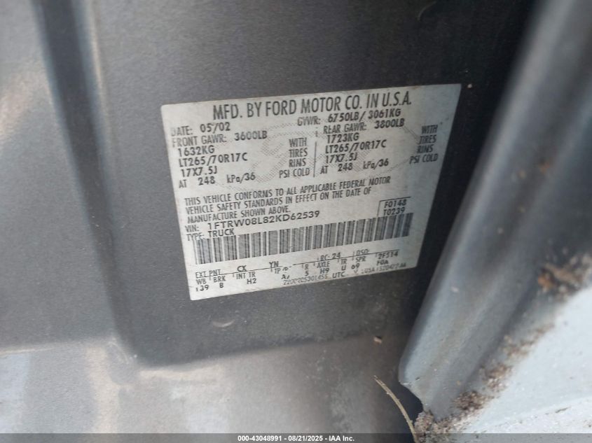 2002 Ford F-150 Lariat/Xlt VIN: 1FTRW08L82KD62539 Lot: 43048991
