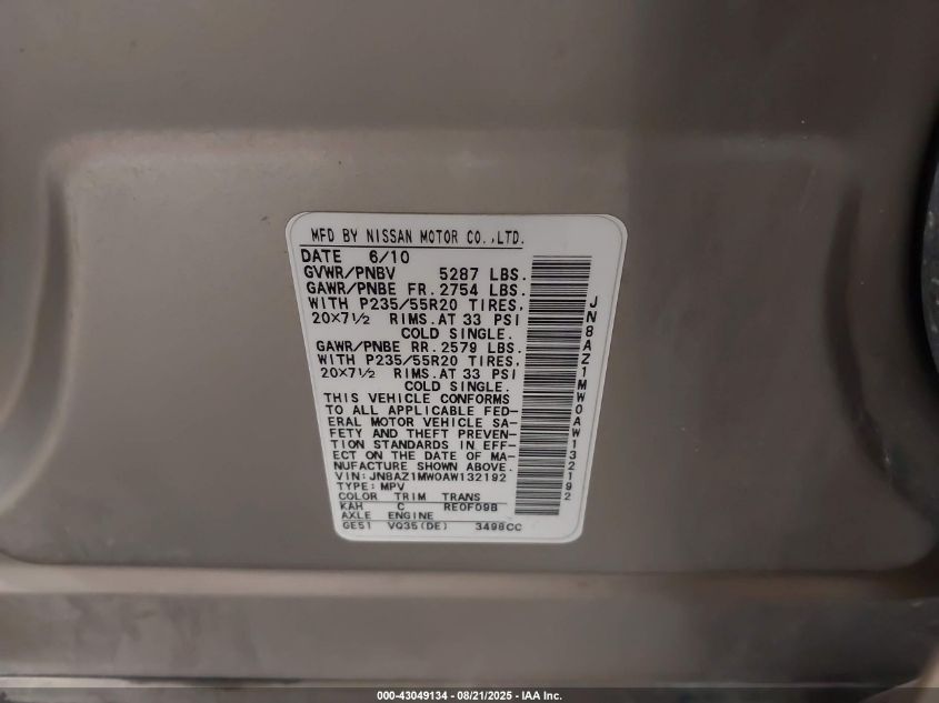 2010 Nissan Murano Le VIN: JN8AZ1MW0AW132192 Lot: 43049134