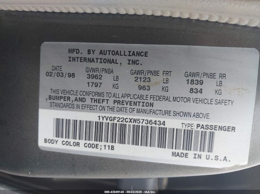 1998 Mazda 626 Dx/Lx VIN: 1YVGF22CXW5736434 Lot: 43049148