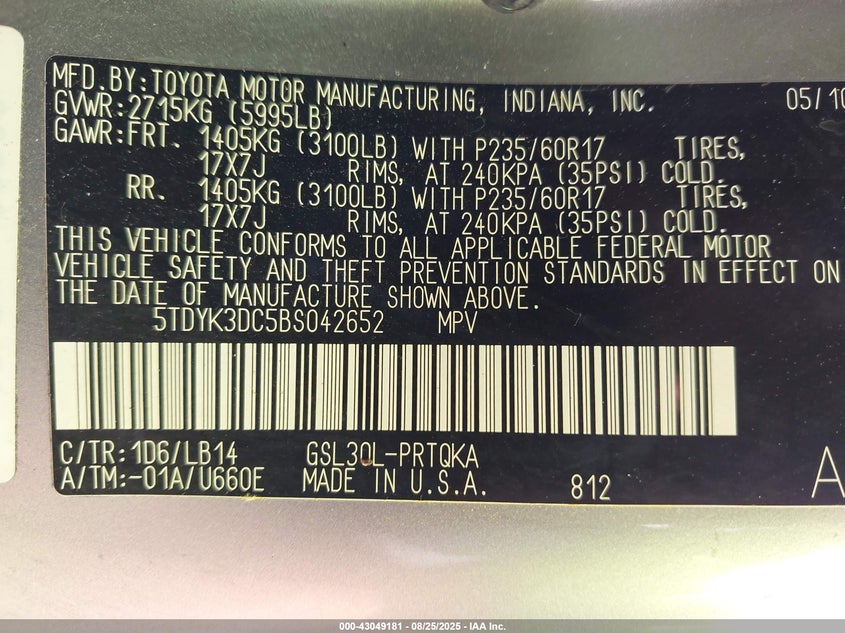 2011 Toyota Sienna Xle V6 VIN: 5TDYK3DC5BS042652 Lot: 43049181