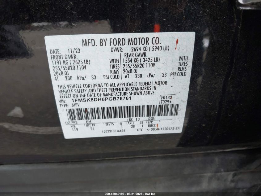 2023 Ford Explorer Xlt VIN: 1FMSK8DH6PGB76761 Lot: 43880890