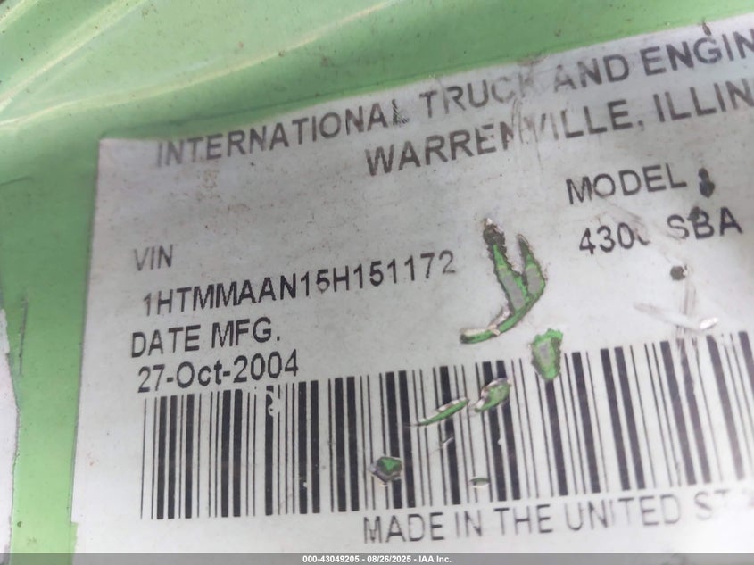 2005 International 4000 4300 VIN: 1HTMMAAN15H151172 Lot: 43049205