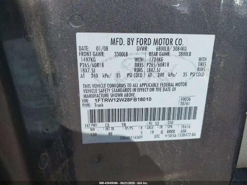 2008 Ford F-150 60Th Anniversary/Fx2/Xl/Xlt VIN: 1FTRW12W28FB18010 Lot: 43049366