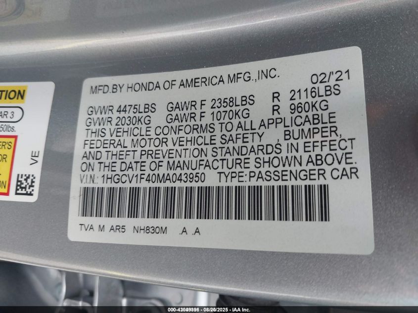 2021 Honda Accord Sport Special Edition VIN: 1HGCV1F40MA043950 Lot: 43049396