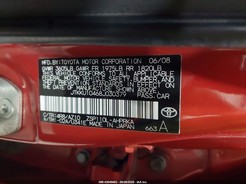 2008 Scion Xd VIN: JTKKU10468J030379 Lot: 43049403