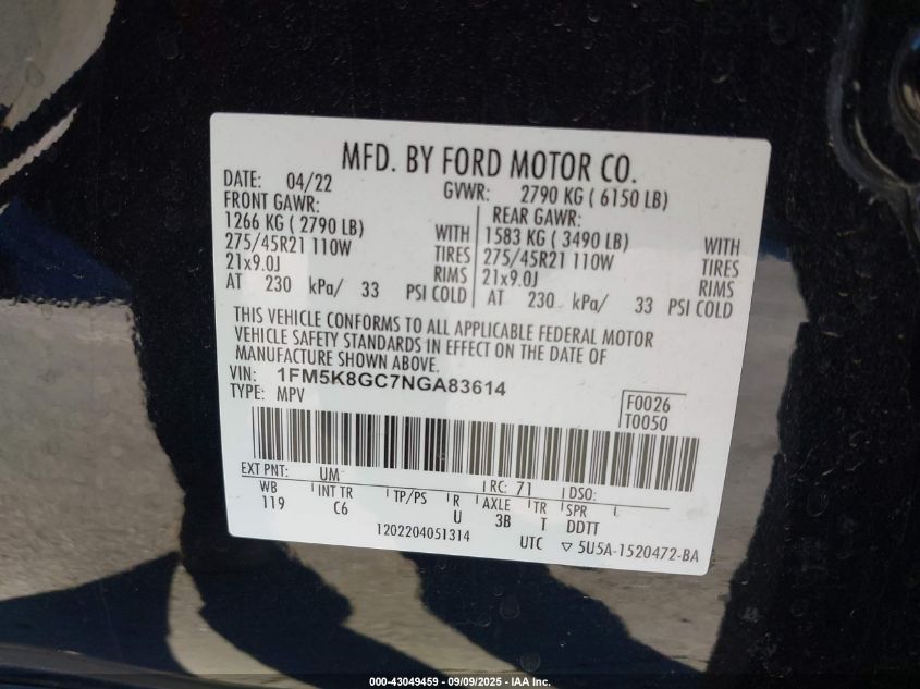 2022 Ford Explorer St VIN: 1FM5K8GC7NGA83614 Lot: 43049459