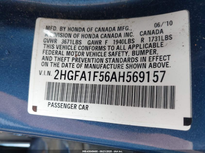2010 Honda Civic Lx VIN: 2HGFA1F56AH569157 Lot: 43049480