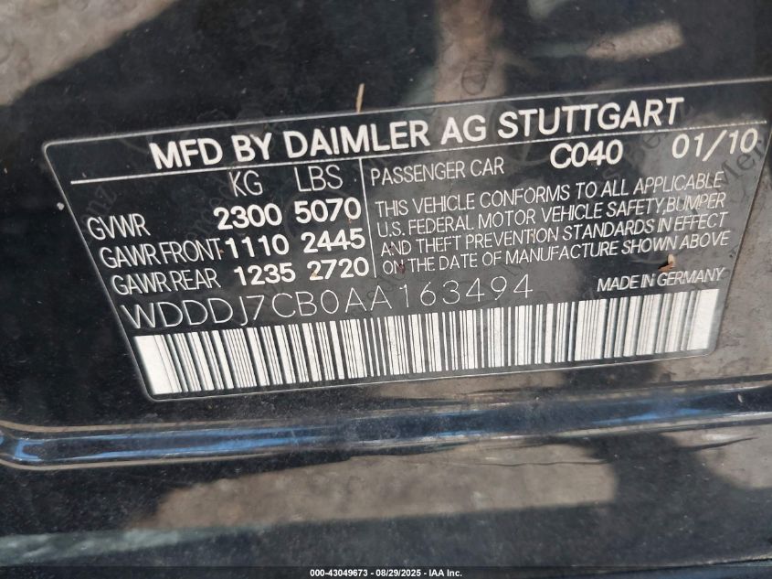 2010 Mercedes-Benz Cls 550 VIN: WDDDJ7CB0AA163494 Lot: 43049673