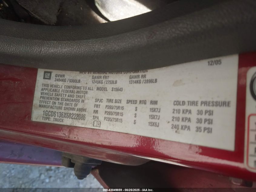 2006 Chevrolet Colorado Lt VIN: 1GCDS136X68222086 Lot: 43049859