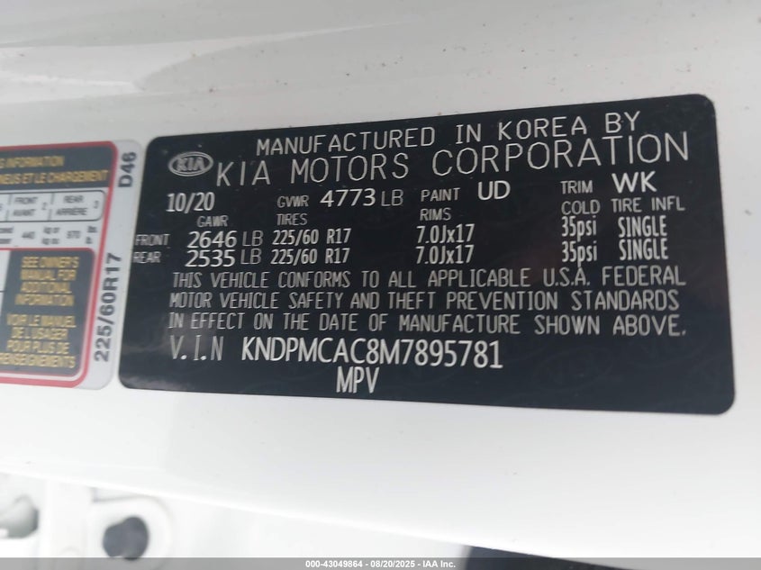 VIN KNDPMCAC8M7895781 2021 KIA SPORTAGE LX