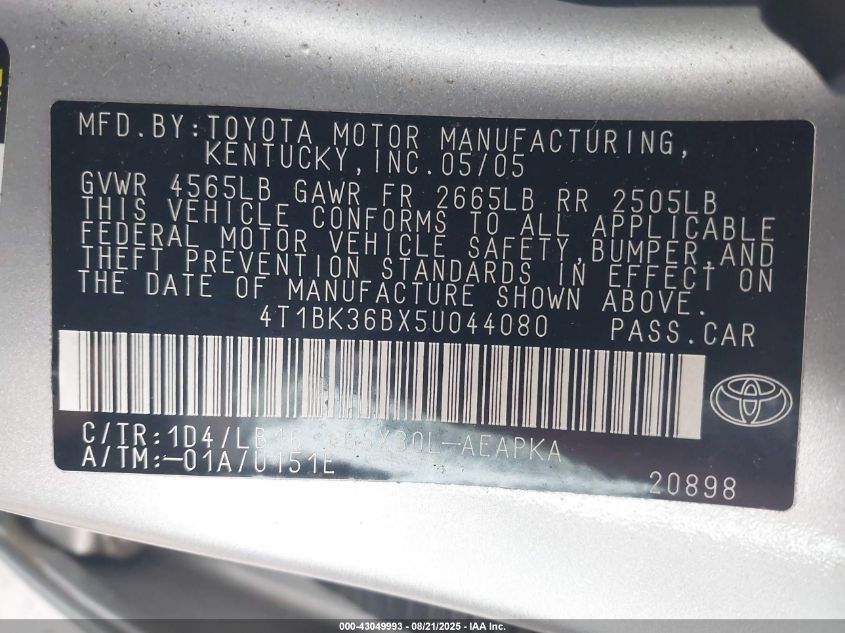2005 Toyota Avalon Limited VIN: 4T1BK36BX5U044080 Lot: 43049993
