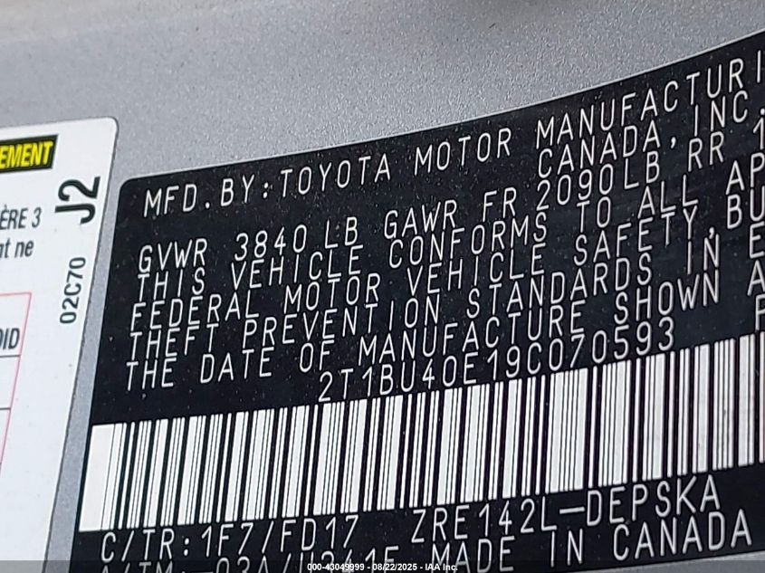 2009 Toyota Corolla S VIN: 2T1BU40E19C070593 Lot: 43049999