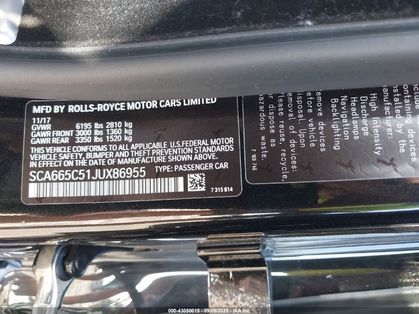 2018 Rolls-Royce Wraith VIN: SCA665C51JUX86955 Lot: 43050015