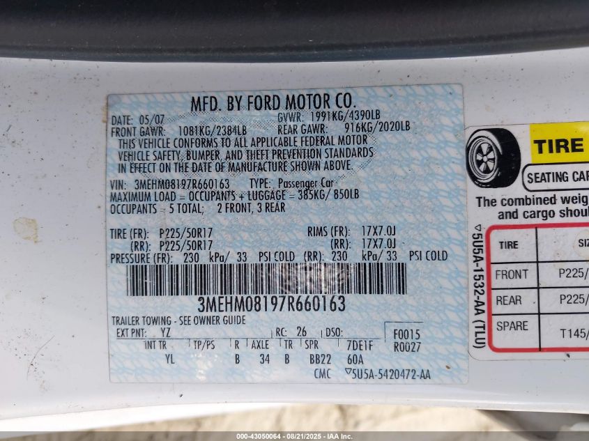 2007 Mercury Milan V6 Premier VIN: 3MEHM08197R660163 Lot: 43050064