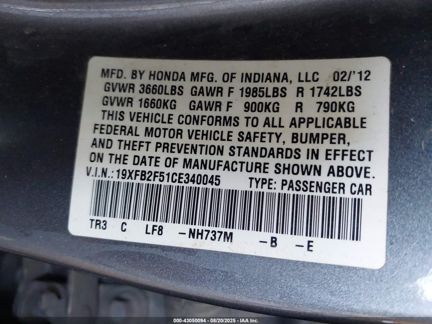 2012 Honda Civic Lx VIN: 19XFB2F51CE340045 Lot: 43050094