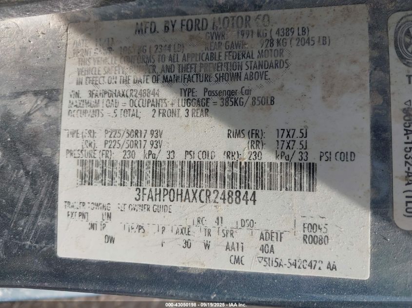 2012 Ford Fusion Se VIN: 3FAHP0HAXCR248844 Lot: 43050198