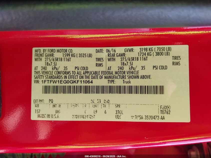 2016 Ford F-150 Xlt VIN: 1FTFW1EG0GKF11064 Lot: 43050218