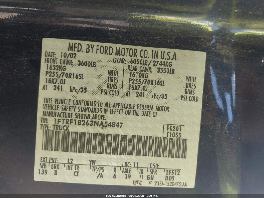 2003 Ford F150 Xl/Xlt VIN: 1FTRF18263NA5484 Lot: 43050454