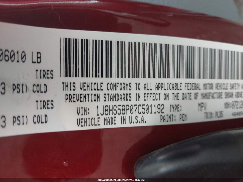 2007 Jeep Grand Cherokee Limited VIN: 1J8HS58P07C501192 Lot: 43050509