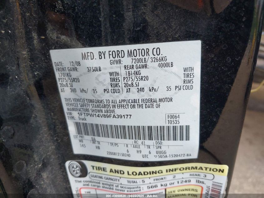 2009 Ford F-150 Fx4/King Ranch/Lariat/Platinum/Xl/Xlt VIN: 1FTPW14V89FA39177 Lot: 43050528