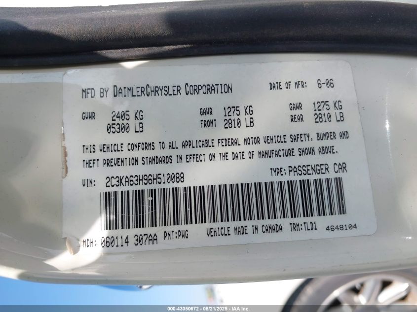 2006 Chrysler 300C VIN: 2C3KA63H96H510088 Lot: 43050672
