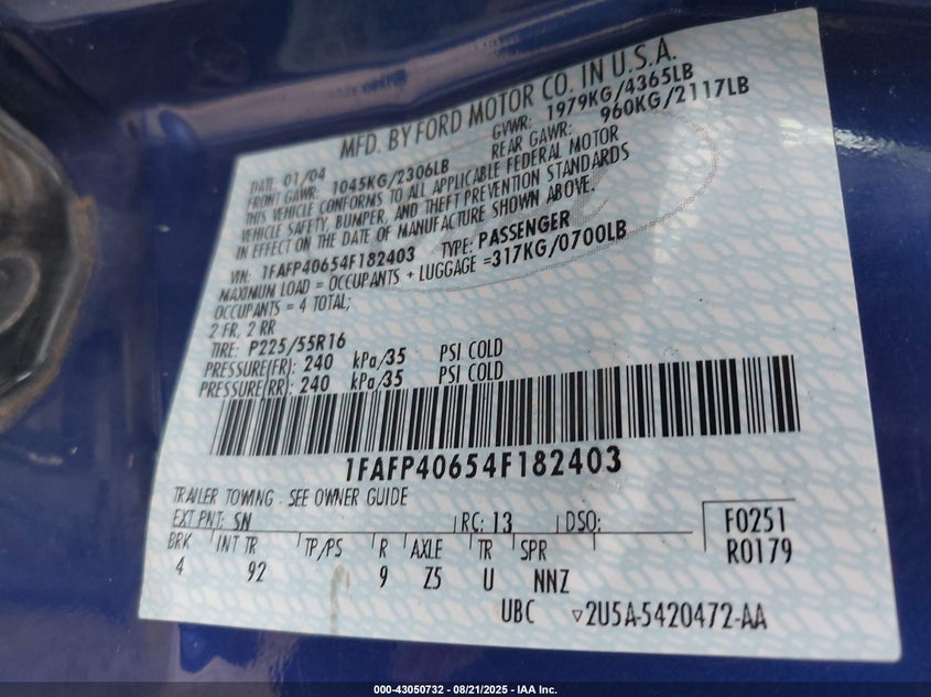 2004 Ford Mustang VIN: 1FAFP40654F182403 Lot: 43050732