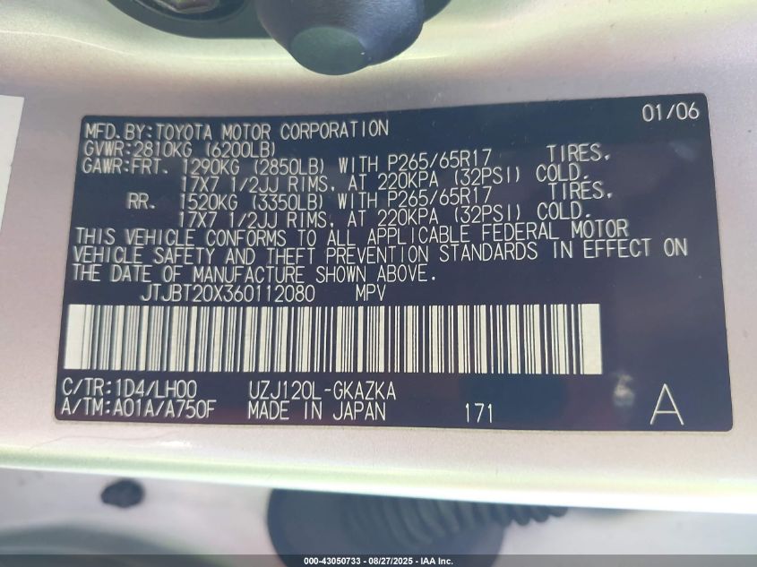 2006 Lexus Gx 470 VIN: JTJBT20X360112080 Lot: 43050733