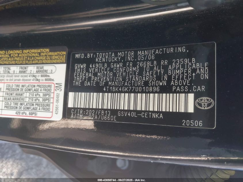 2007 Toyota Camry Le V6 VIN: 4T1BK46K77U010896 Lot: 43050744