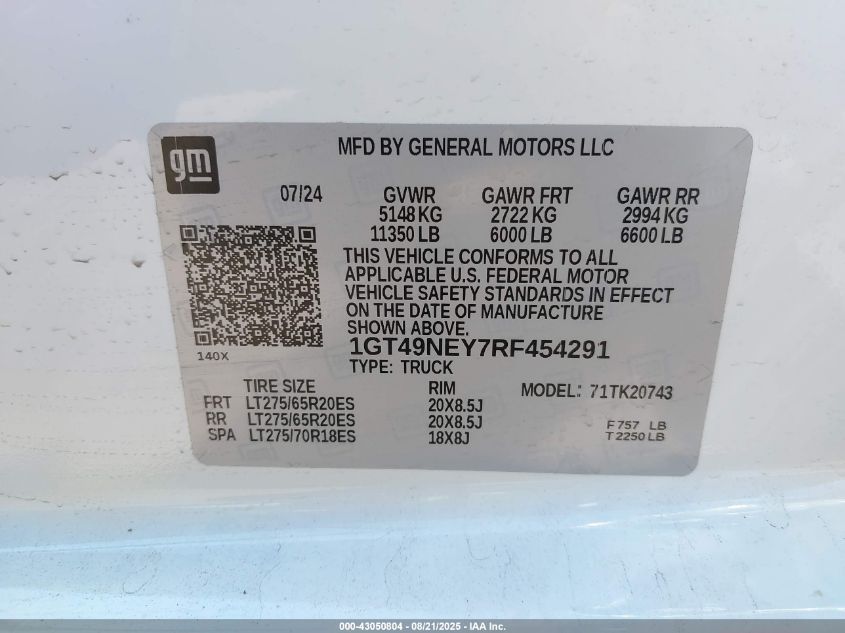 2024 GMC Sierra 2500Hd 4Wd Standard Bed Slt VIN: 1GT49NEY7RF454291 Lot: 43050804