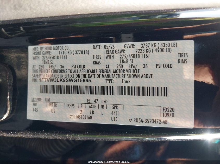 2025 Ford F-150 Lightning Xlt VIN: 1FTVW3LK9SWG15665 Lot: 43050841