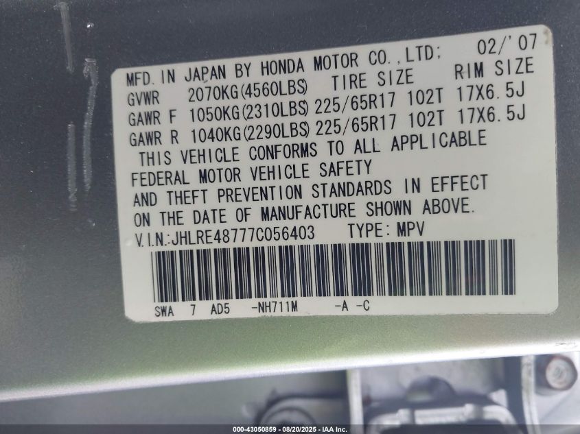 2007 Honda Cr-V Ex-L VIN: JHLRE48777C056403 Lot: 43050859