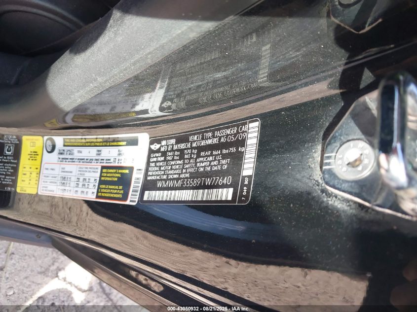 2009 Mini Cooper VIN: WMWMF33589TW77640 Lot: 43050932