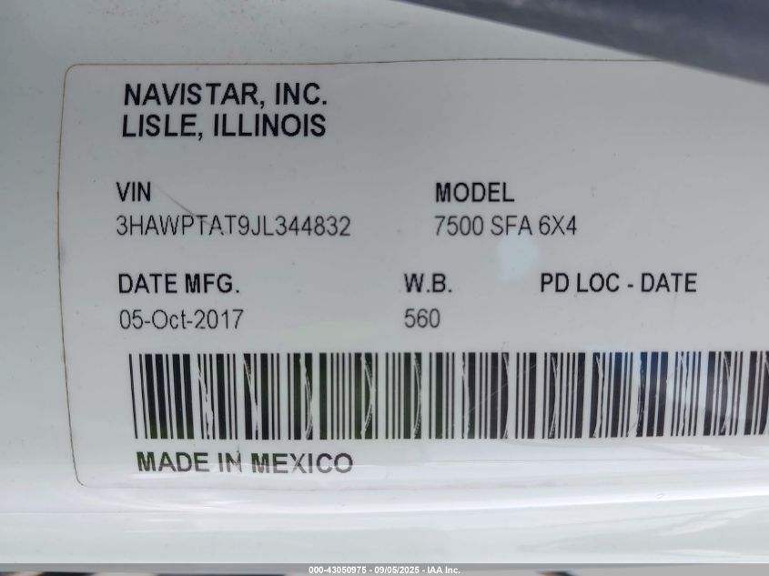 2018 International Workstar 7500 VIN: 3HAWPTAT9JL344832 Lot: 43050975