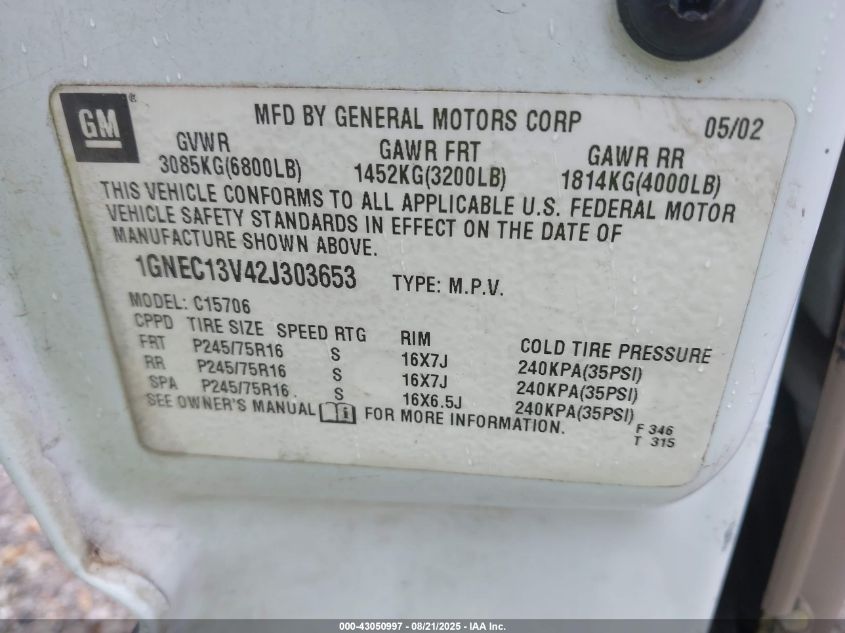 2002 Chevrolet Tahoe Ls VIN: 1GNEC13V42J303653 Lot: 43050997