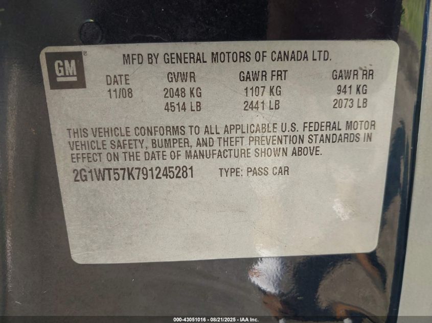 2009 Chevrolet Impala Lt VIN: 2G1WT57K791245281 Lot: 43051016