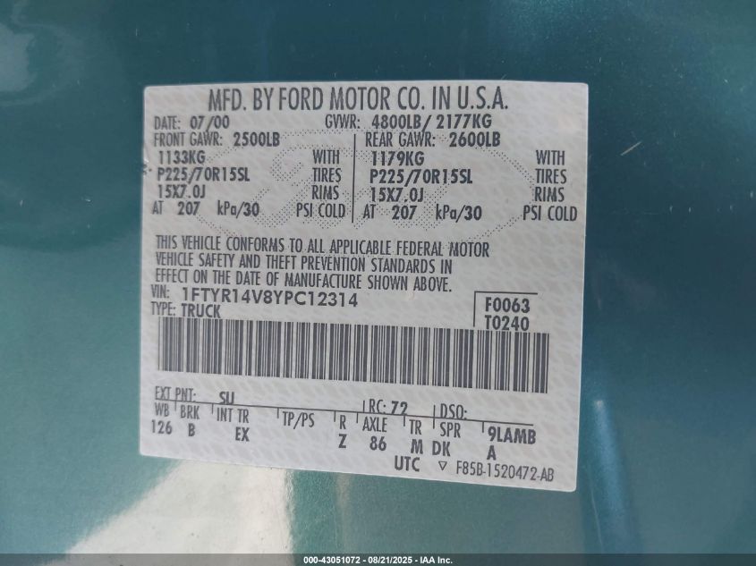 2000 Ford Ranger Xl/Xlt VIN: 1FTYR14V8YPC12314 Lot: 43051072