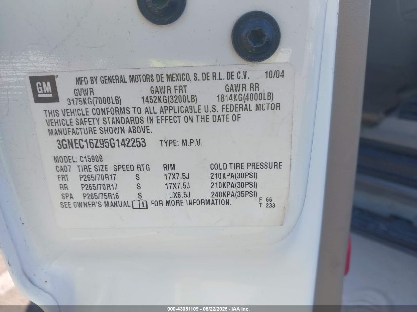 2005 Chevrolet Suburban 1500 Z71 VIN: 3GNEC16Z95G142253 Lot: 43051109