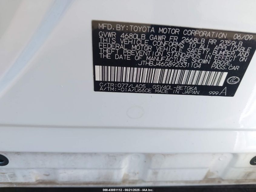 2009 Lexus Es 350 VIN: JTHBJ46G892331104 Lot: 43051112