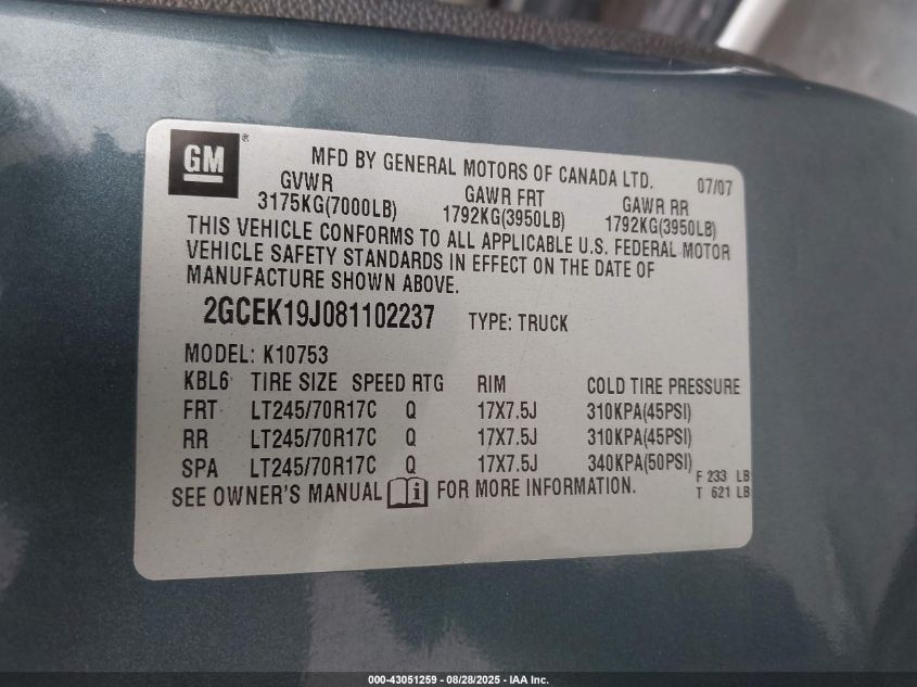 2008 Chevrolet Silverado 1500 Lt1 VIN: 2GCEK19J081102237 Lot: 43051259