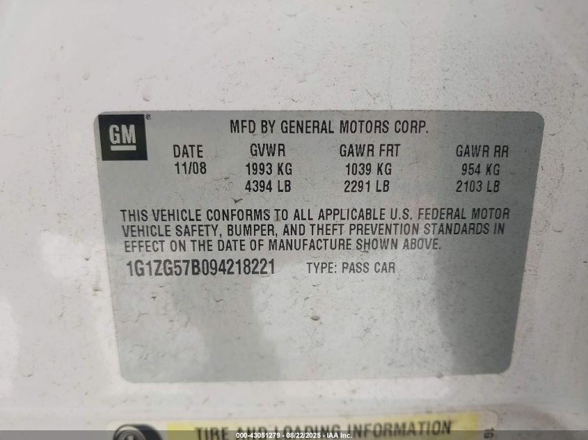 2009 Chevrolet Malibu Ls VIN: 1G1ZG57B094218221 Lot: 43051279