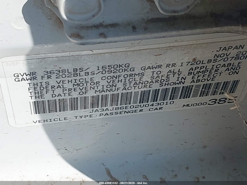 2002 Mitsubishi Lancer Oz Rally VIN: JA3AJ86E02U043010 Lot: 43051332