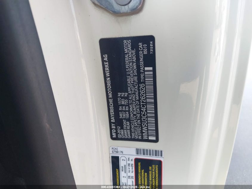 2012 Mini Cooper VIN: WMWSU3C54CT262626 Lot: 43051363