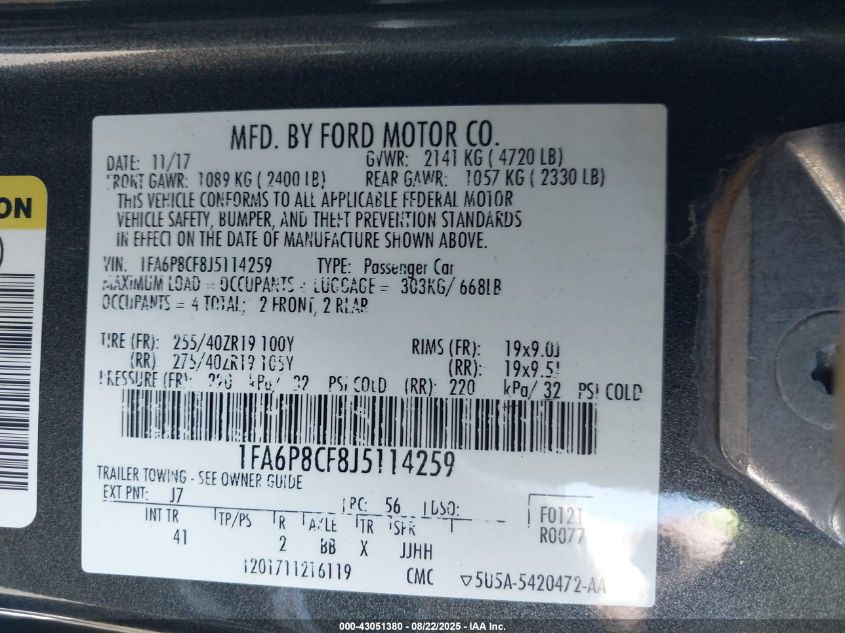 2018 Ford Mustang Gt Premium VIN: 1FA6P8CF8J5114259 Lot: 43051380