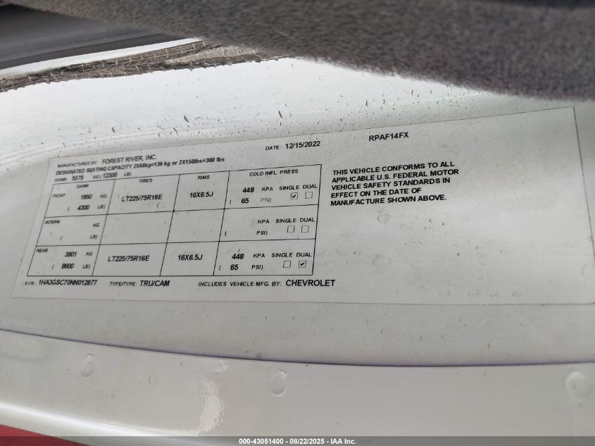 2022 Chevrolet Express Cutaway Work Van VIN: 1HA3GSC70NN012877 Lot: 43051400