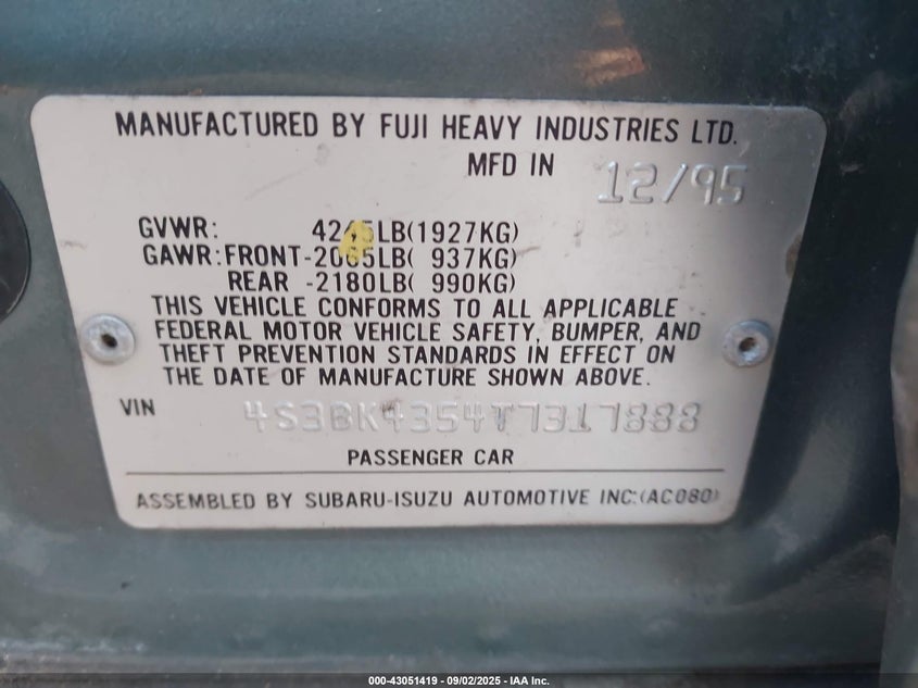 1996 Subaru Legacy L VIN: 4S3BK4354T7317888 Lot: 43051419