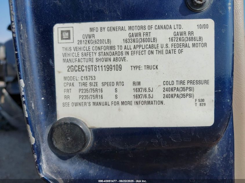 2001 Chevrolet Silverado 1500 Ls VIN: 2GCEC19T811199109 Lot: 43051477